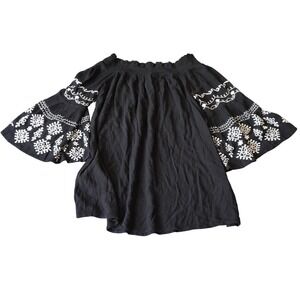 Blue Island Black‎ Off Shoulder Bell Sleeve Embroidered Top Medium